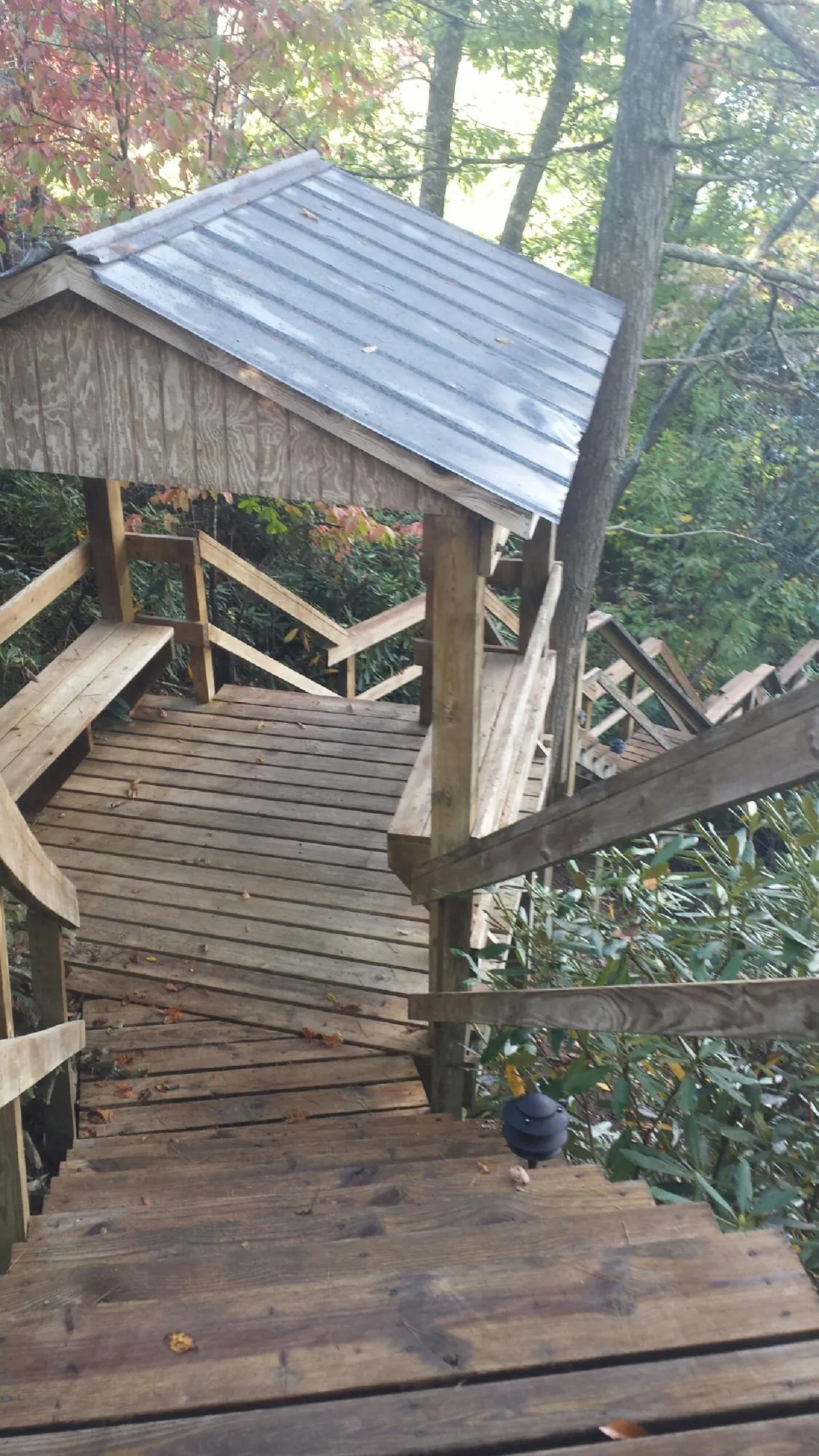 Metal roofed shelter over wooden steps on a wooded walkway — Skylight Repair & Installation work by our crew in Bennington